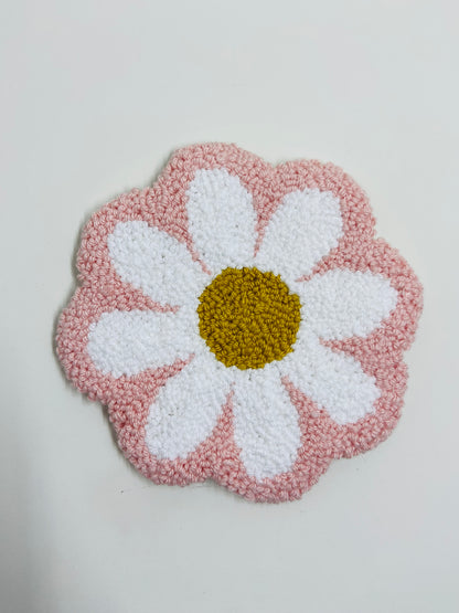 punch needle mug rug - pink daisy