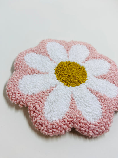 punch needle mug rug - pink daisy