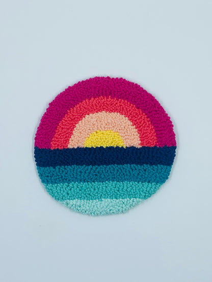 punch needle mug rug - lakeside sunset
