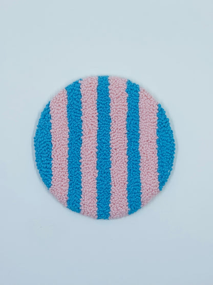 punch needle mug rug - blue and pink stripes
