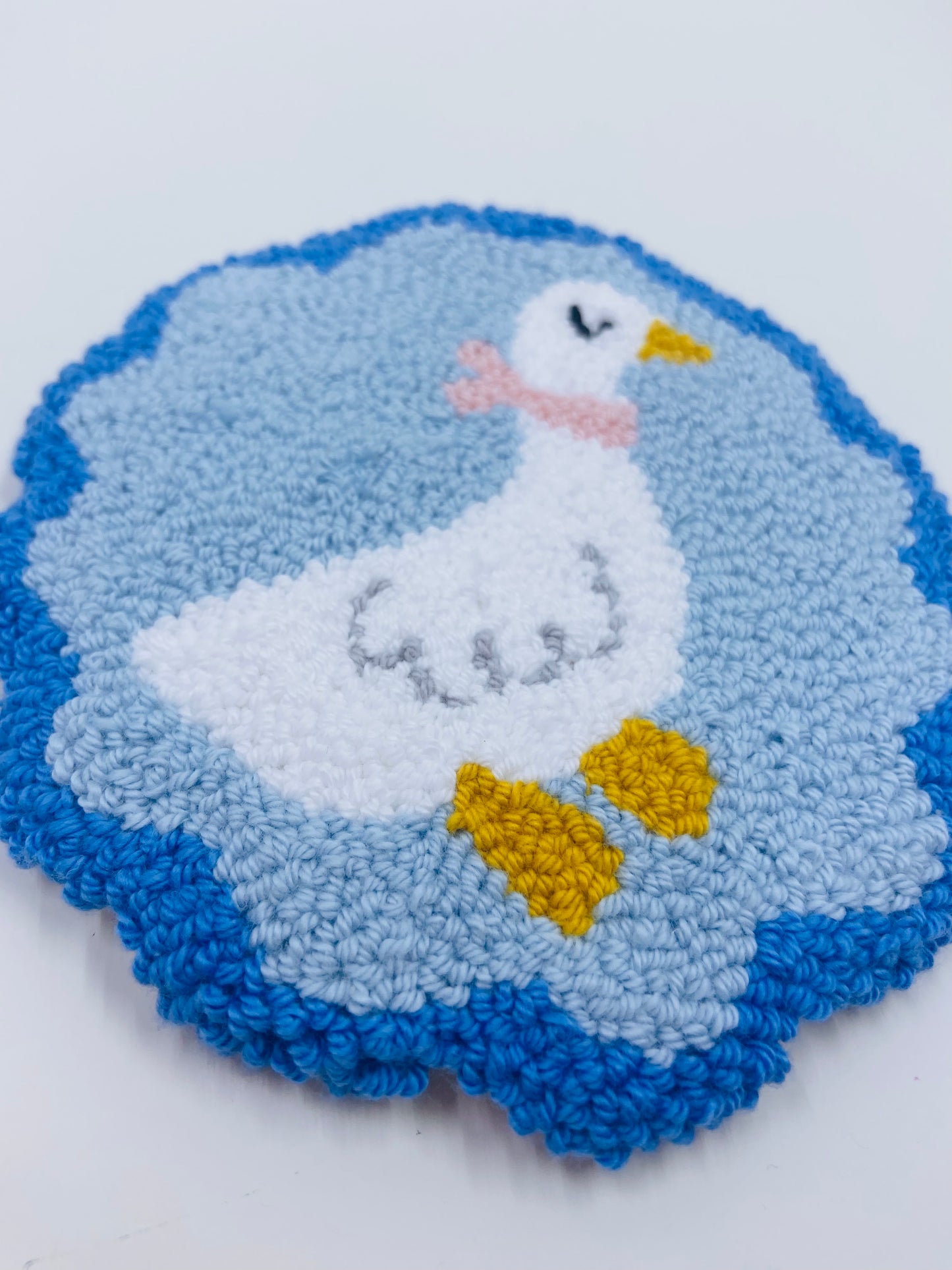 punch needle mug rug - blue goose