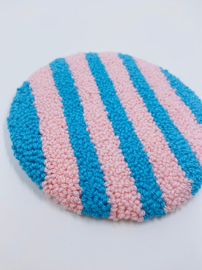 punch needle mug rug - blue and pink stripes