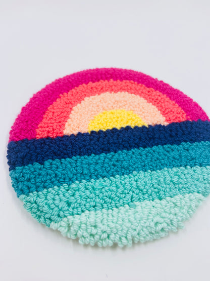 punch needle mug rug - lakeside sunset